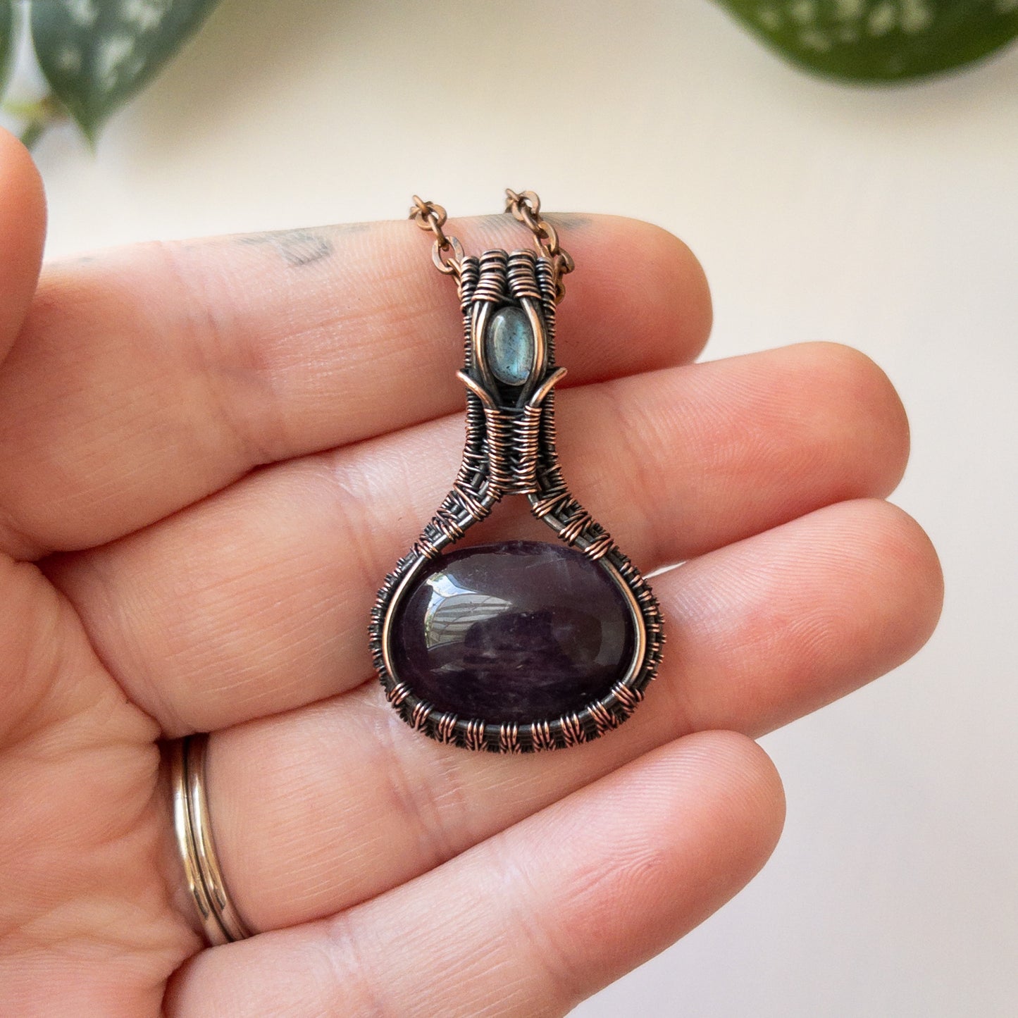 Amethyst & Labradorite Woven Copper Pendant