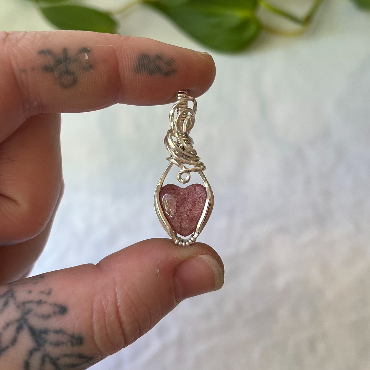 Strawberry Quartz Heart Wrapped Sterling Silver Pendant