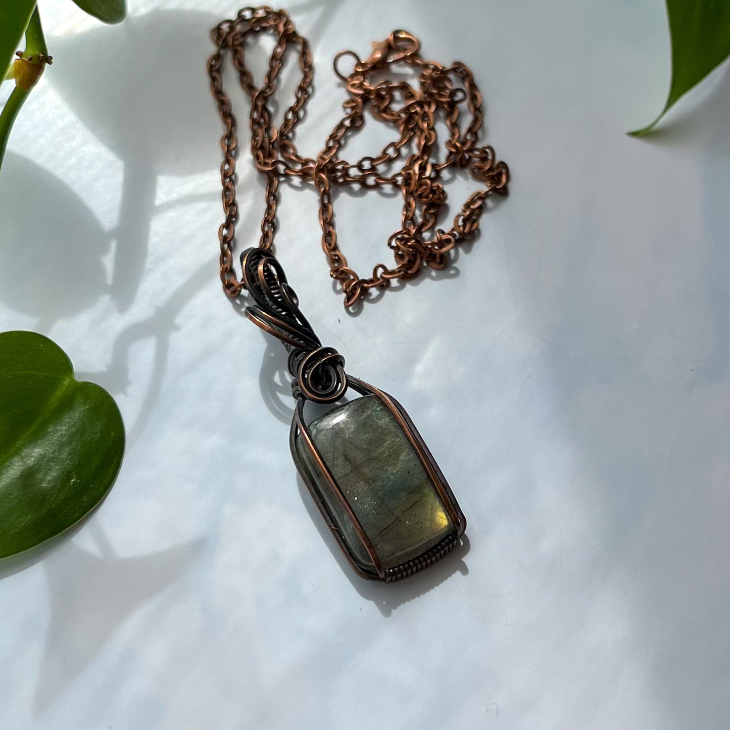 Rectangular Labradorite & Antiqued Copper Wrapped Pendant
