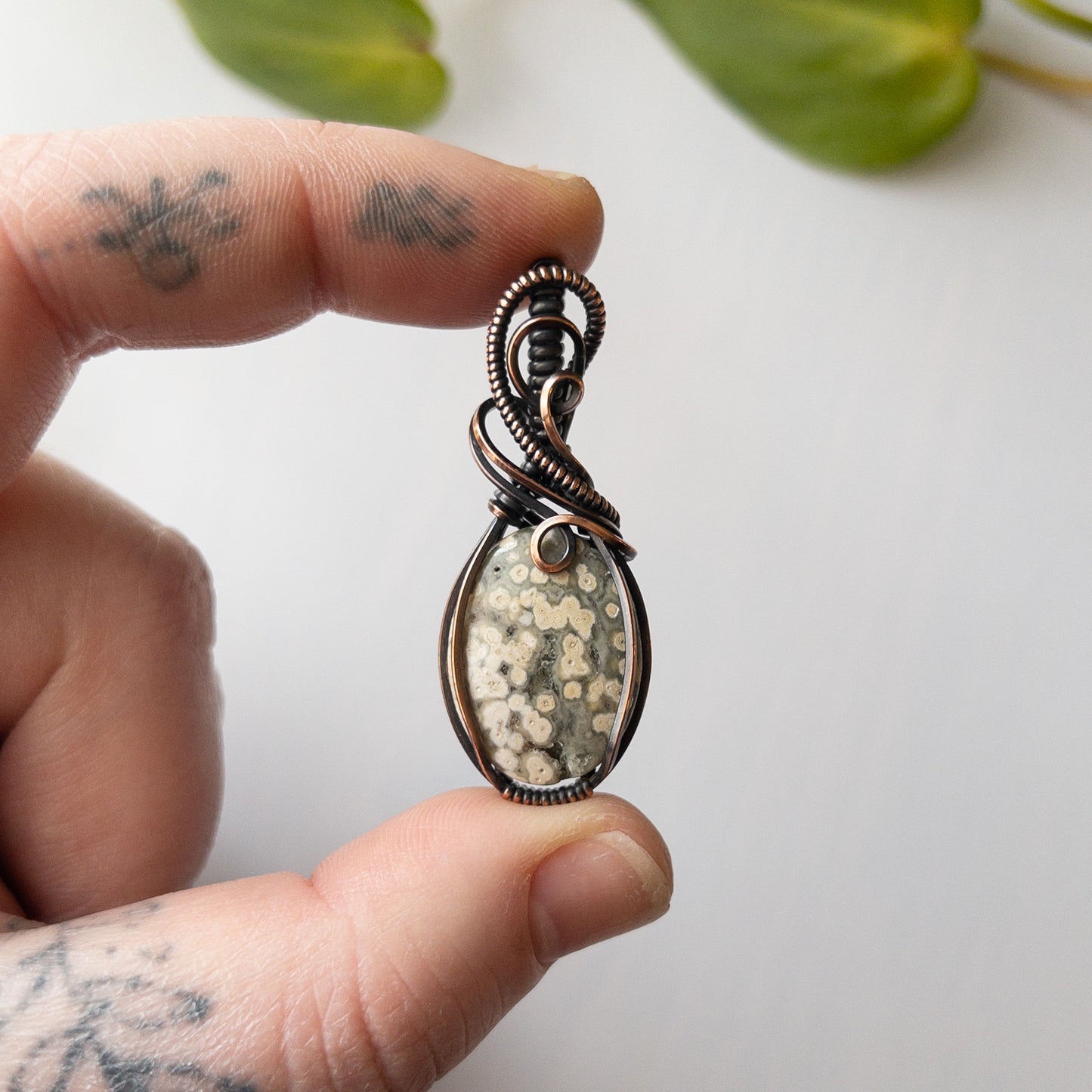 Ocean Jasper With Druzy Copper Wrapped Pendant