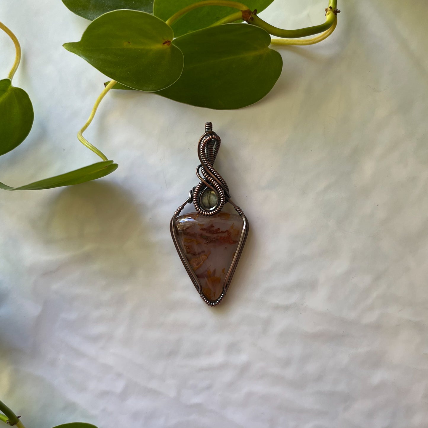 Plume Agate & Labradorite Wrapped Antiqued Copper Pendant