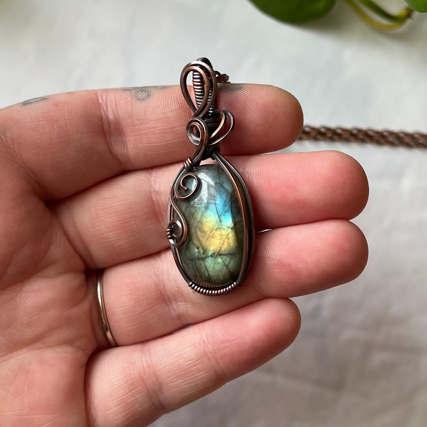 Labradorite Swirl Design Antiqued Copper Wrapped Pendant With Chain