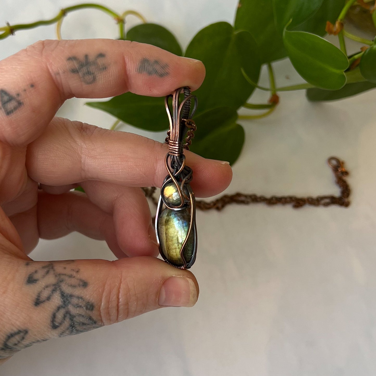 Double Labradorite & Antiqued Copper Wrapped Pendant