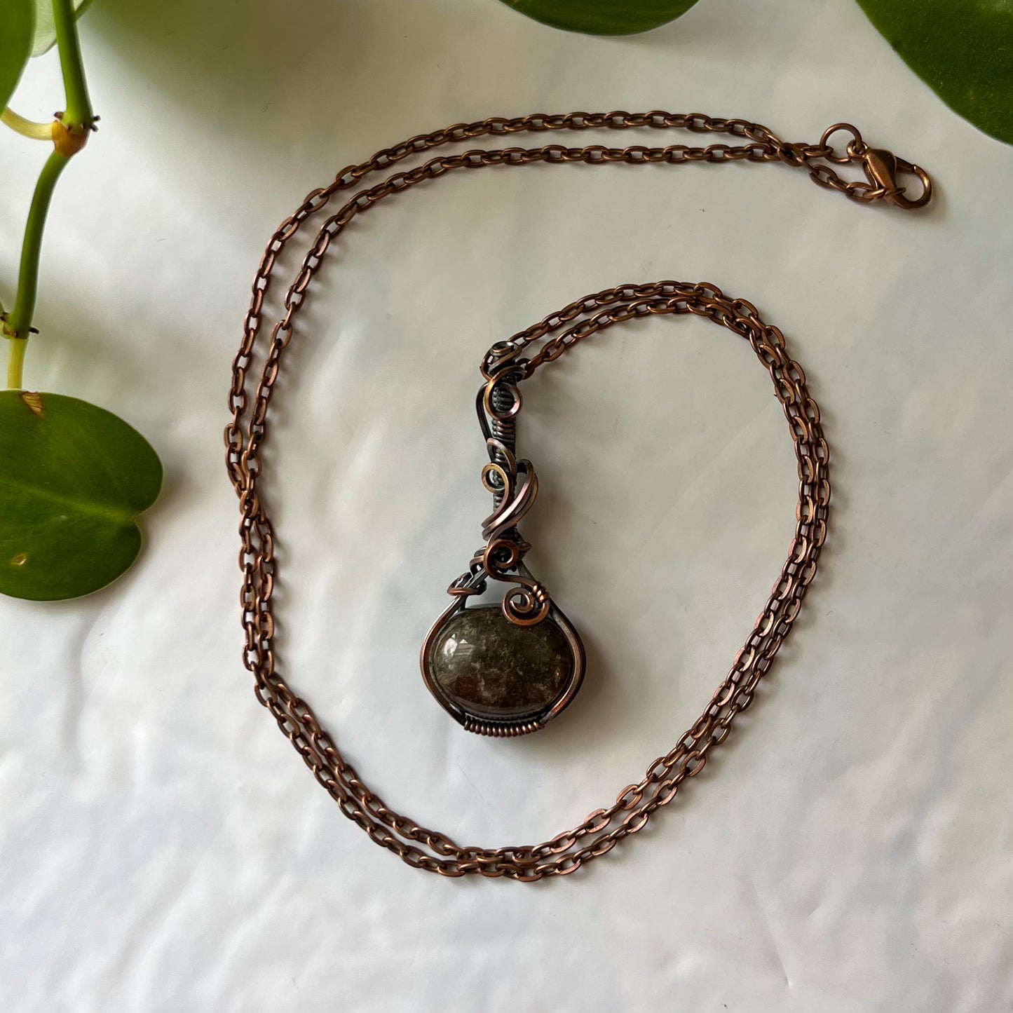 Garden Quartz Antiqued Copper Wrapped Pendant With Chain