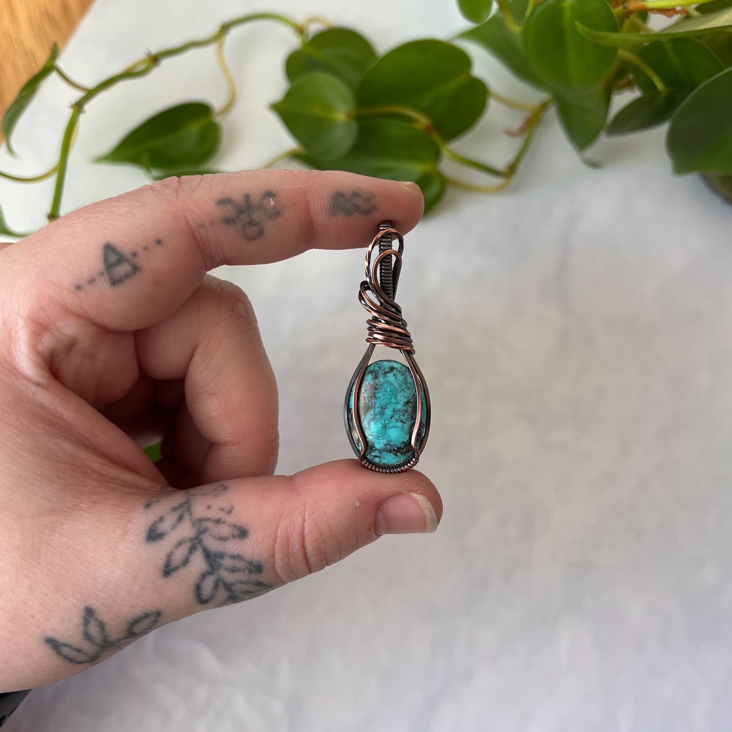 Turquoise Wrapped Antiqued Copper Pendant