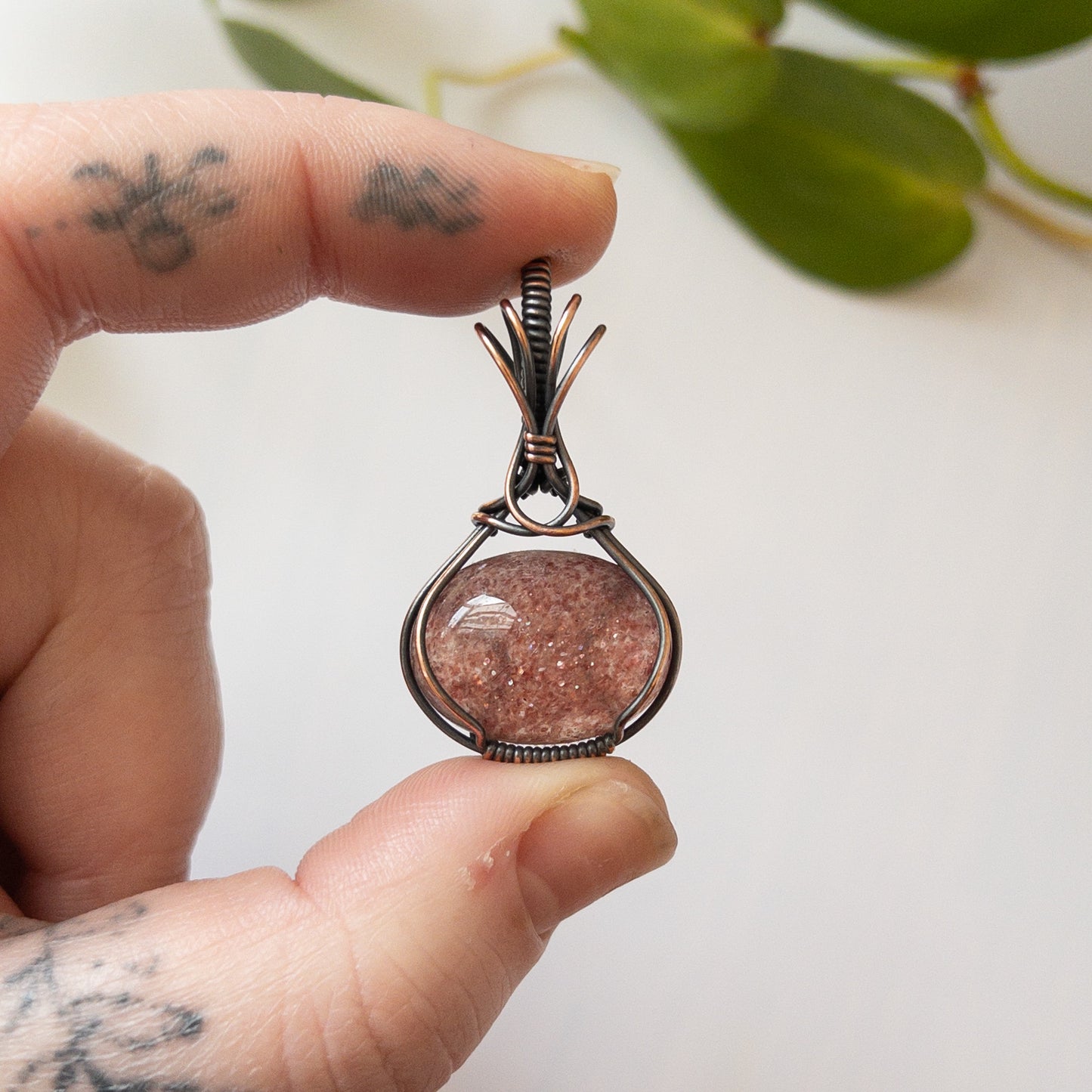 Strawberry Quartz Antiqued Copper Pendant
