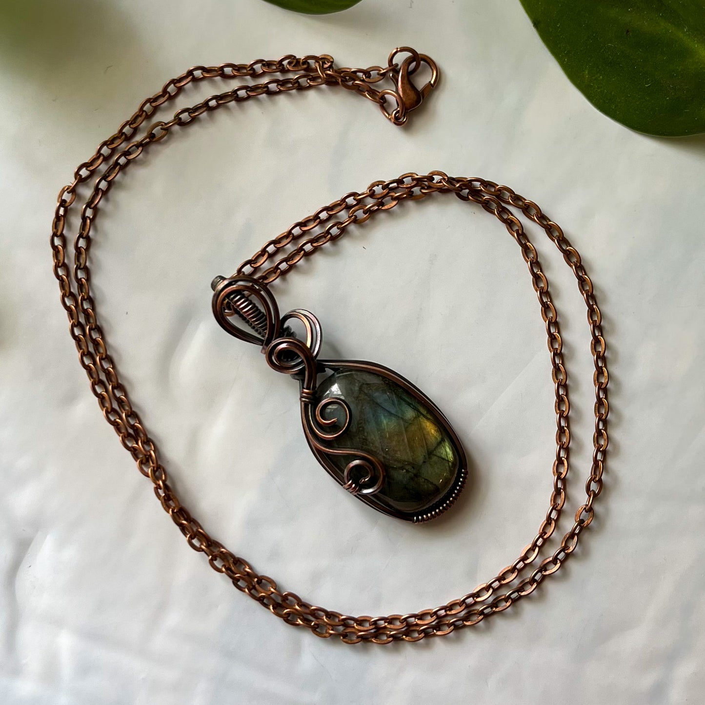 Labradorite Swirl Design Antiqued Copper Wrapped Pendant With Chain