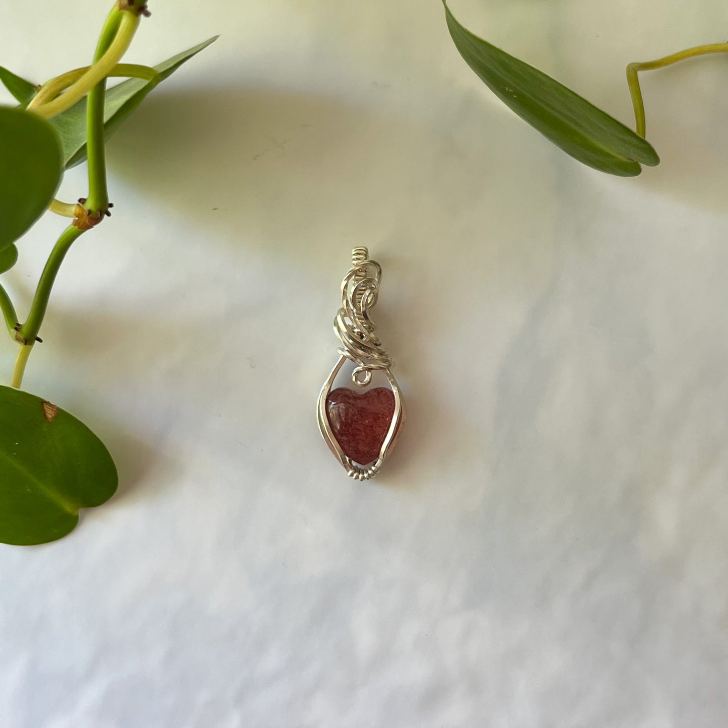 Strawberry Quartz Heart Wrapped Sterling Silver Pendant