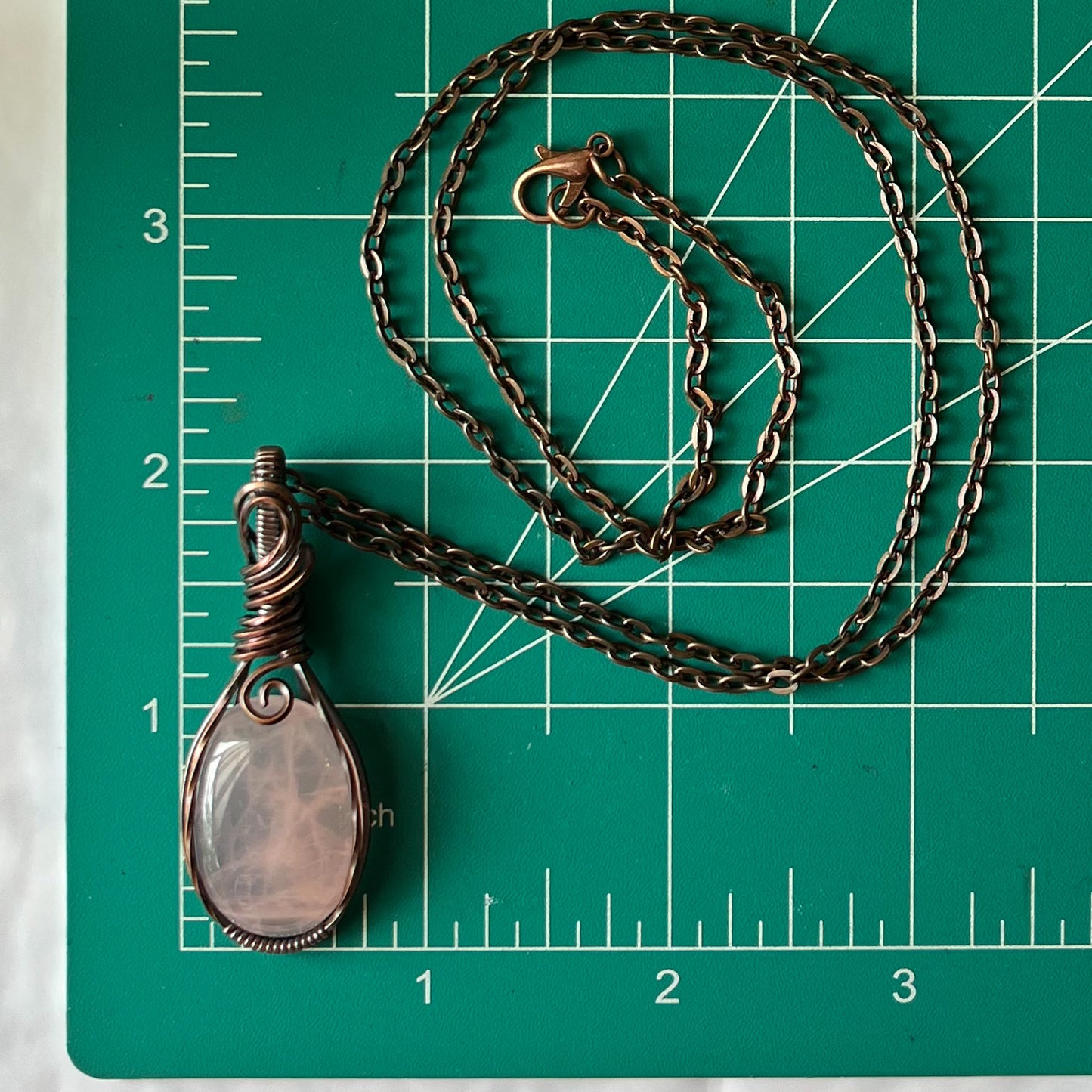 Rose Quartz Antiqued Copper Wrapped Pendant With Chain