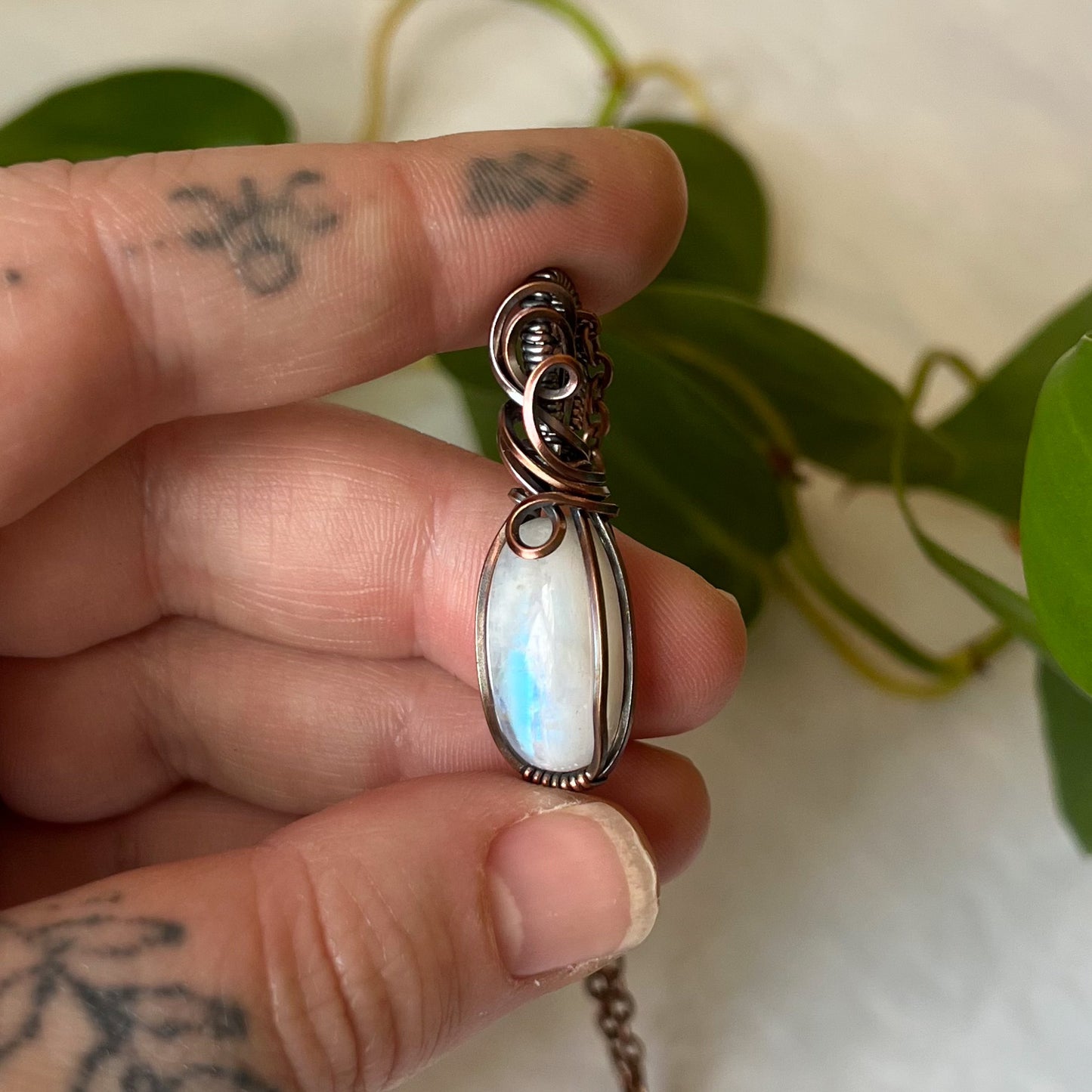 Dainty Moonstone Antiqued Copper Wrapped Pendant With Chain