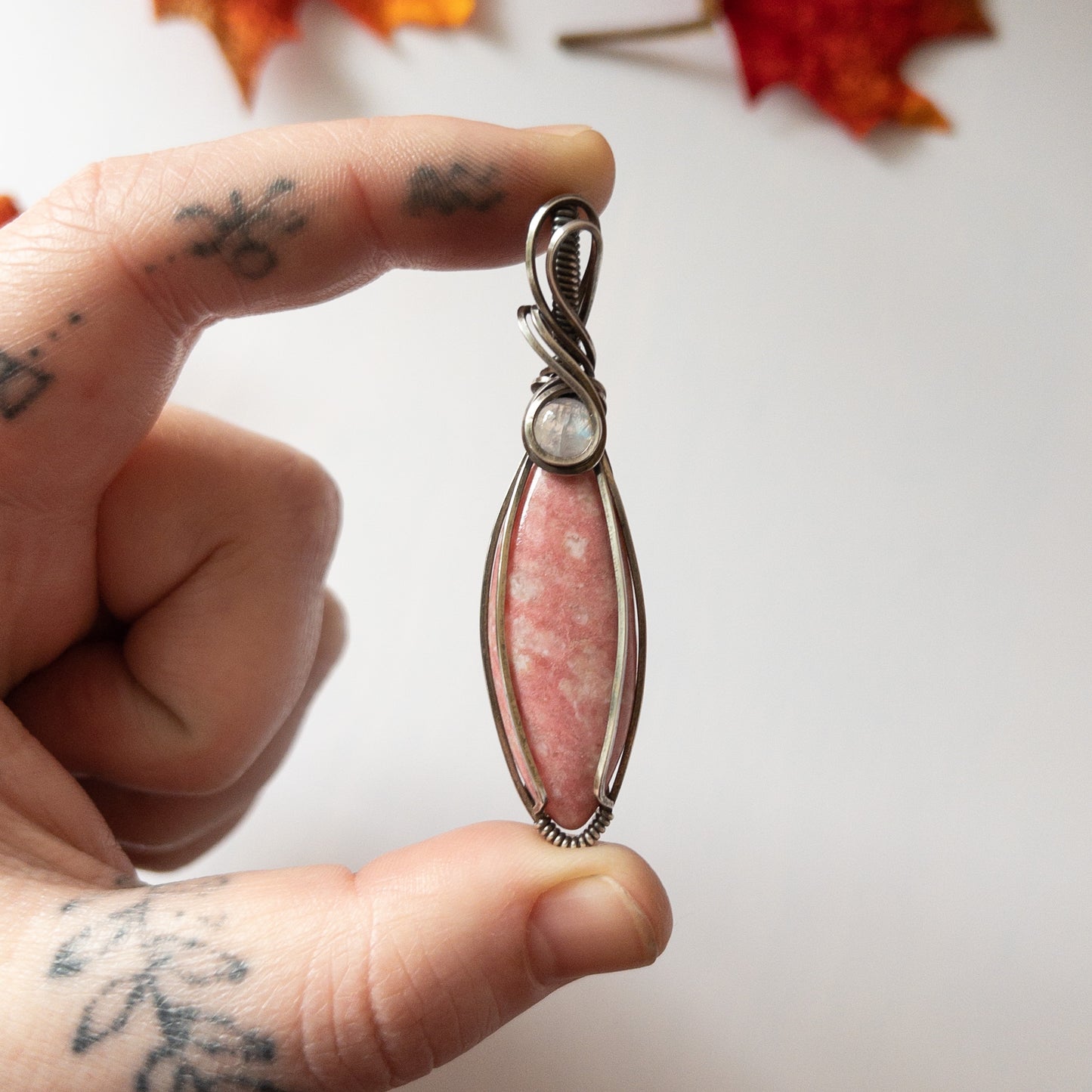 Thulite & Moonstone Antiqued Sterling Silver Pendant