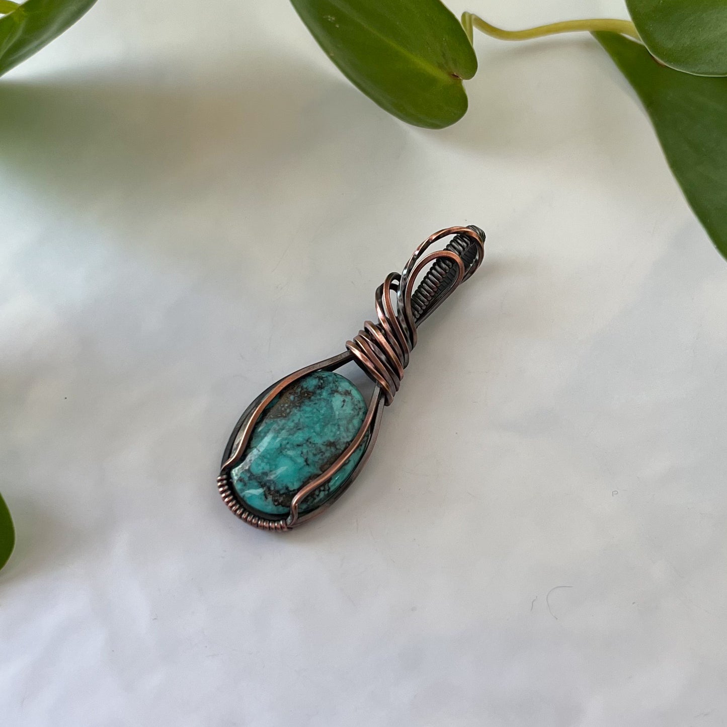 Turquoise Wrapped Antiqued Copper Pendant