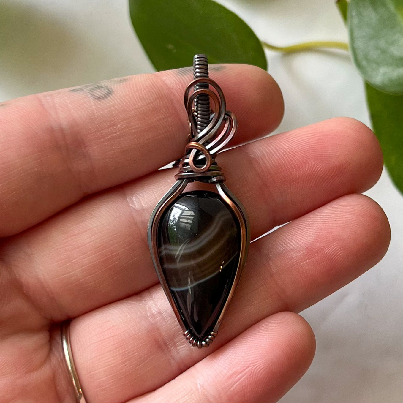 Black Agate Antiqued Copper Wrapped Pendant With Chain