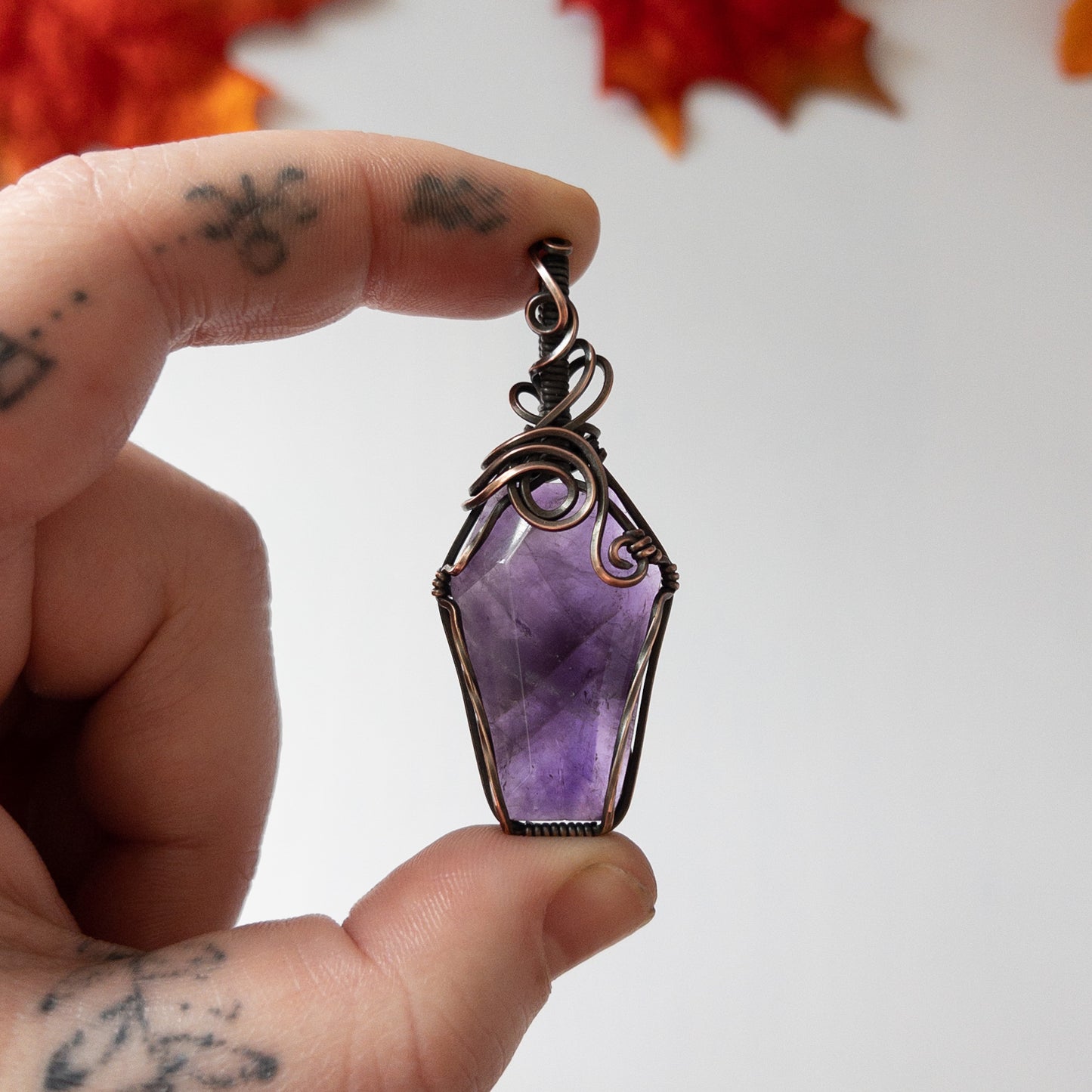 Amethyst Coffin Antiqued Copper Pendant