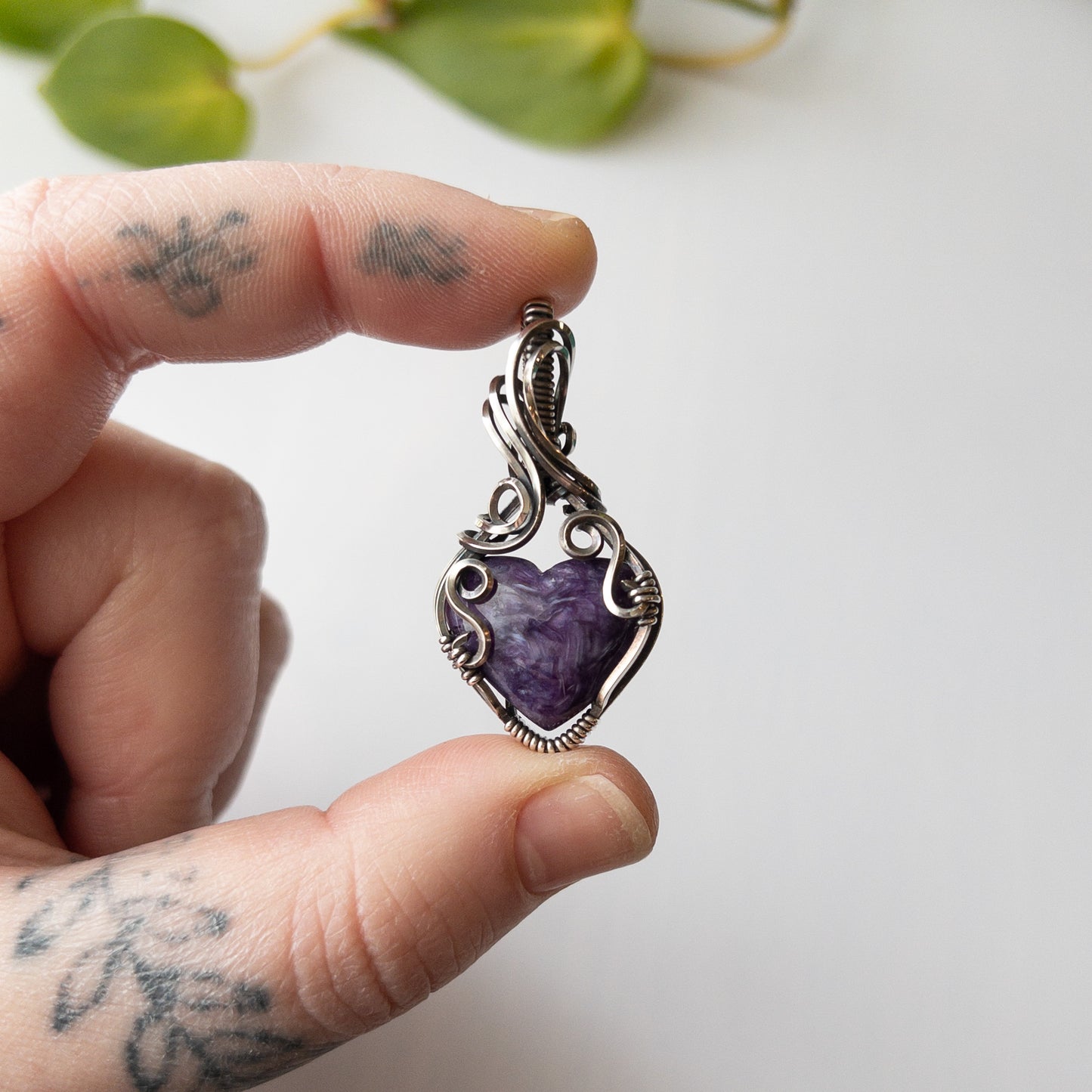 Charoite Heart Sterling Silver Wrapped Pendant