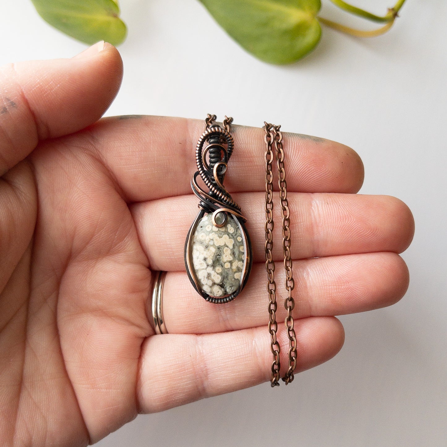 Ocean Jasper With Druzy Copper Wrapped Pendant