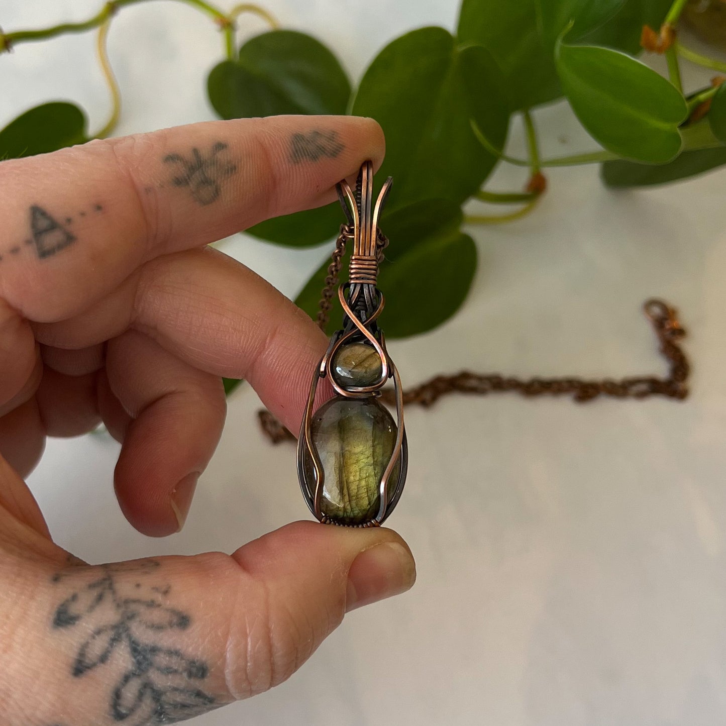 Double Labradorite & Antiqued Copper Wrapped Pendant