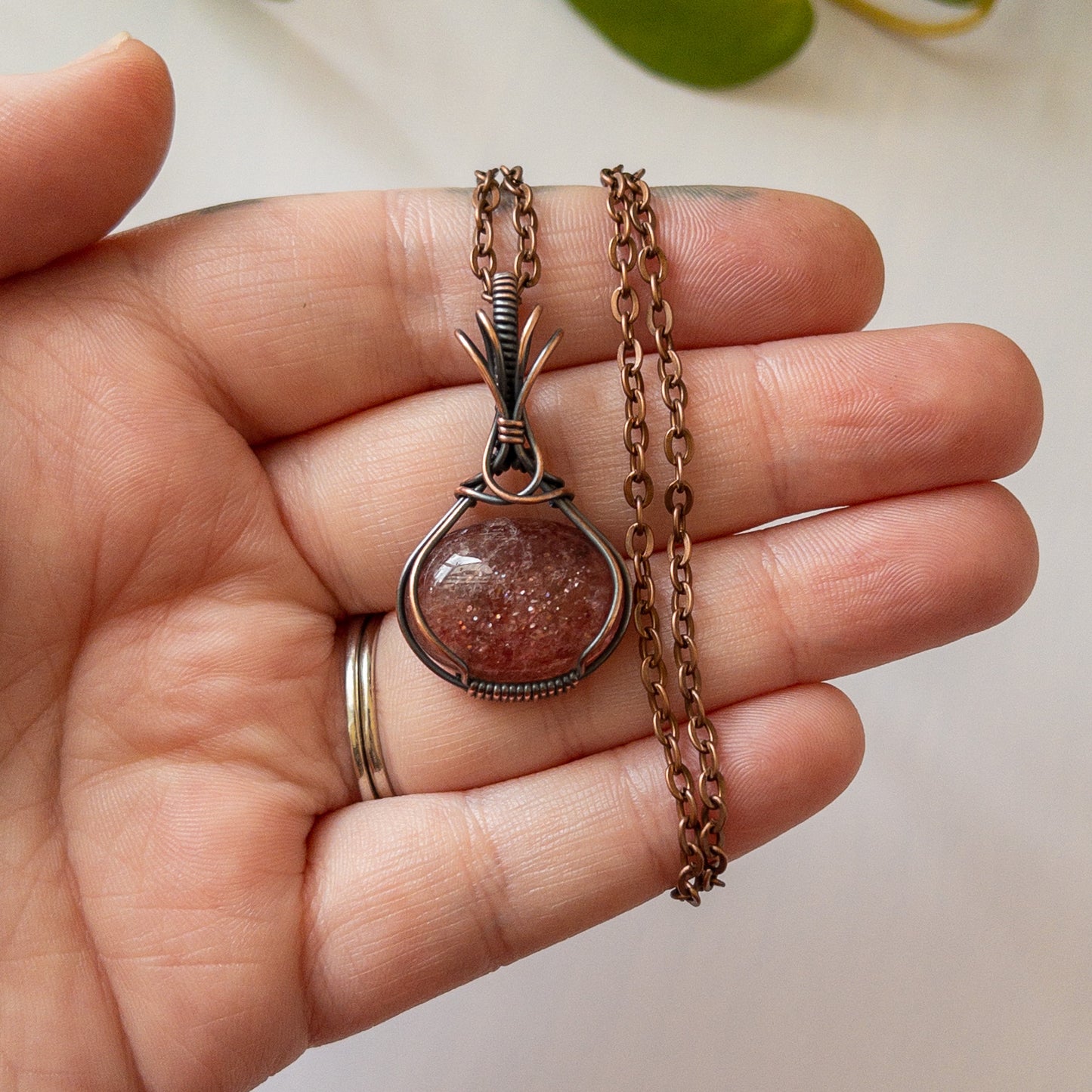 Strawberry Quartz Antiqued Copper Pendant
