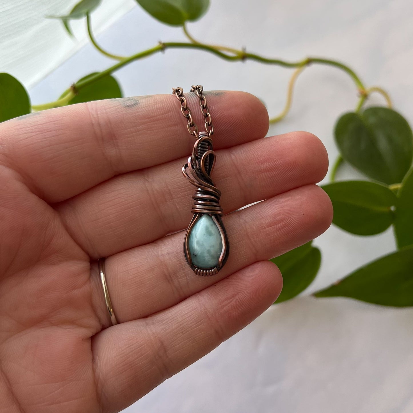 Tiny Larimar Teardrop & Antiqued Copper Wrapped Pendant
