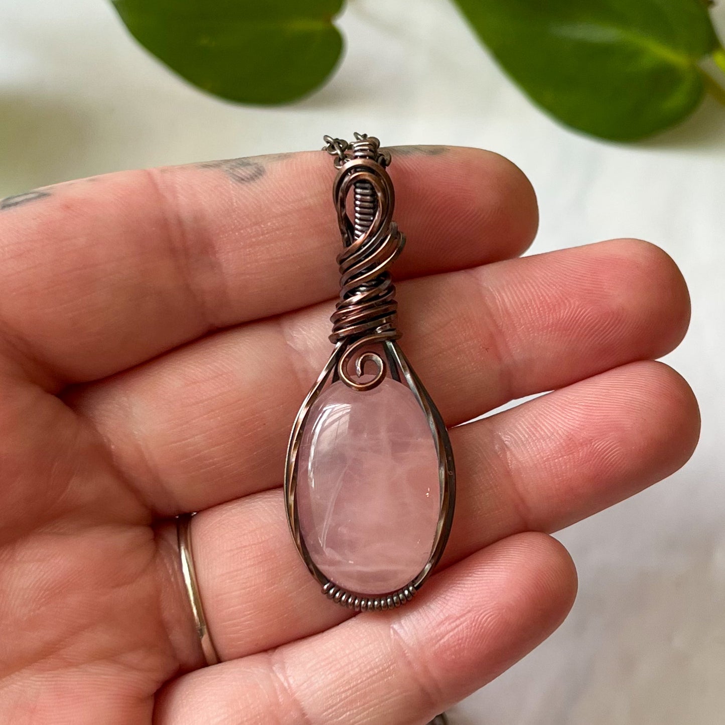 Rose Quartz Antiqued Copper Wrapped Pendant With Chain