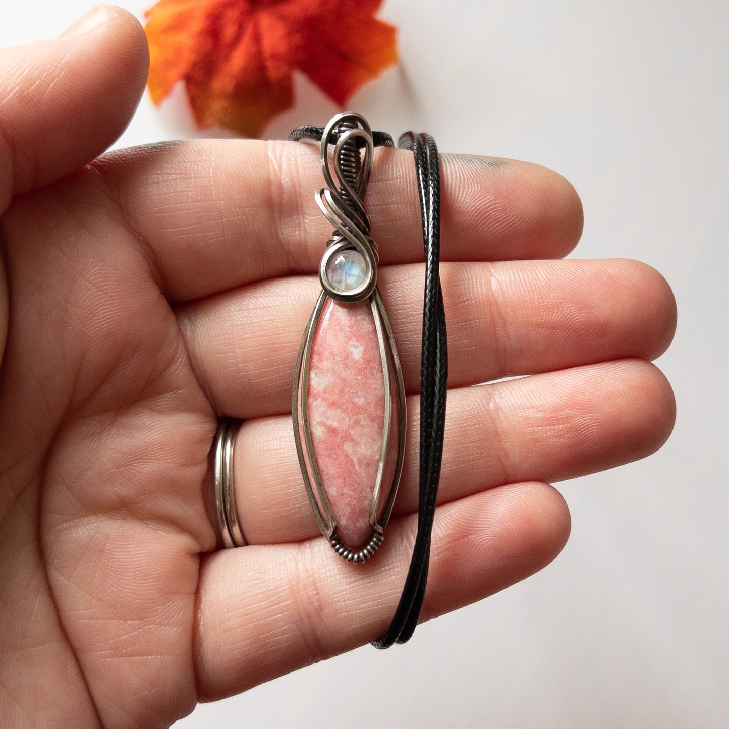 Thulite & Moonstone Antiqued Sterling Silver Pendant