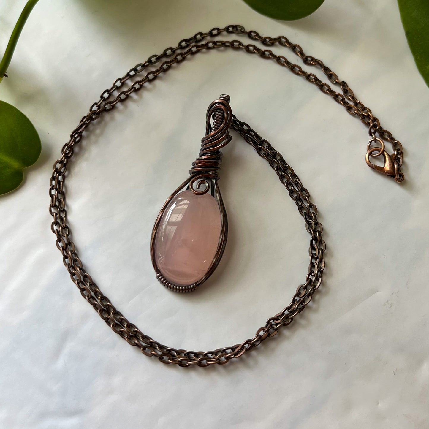 Rose Quartz Antiqued Copper Wrapped Pendant With Chain