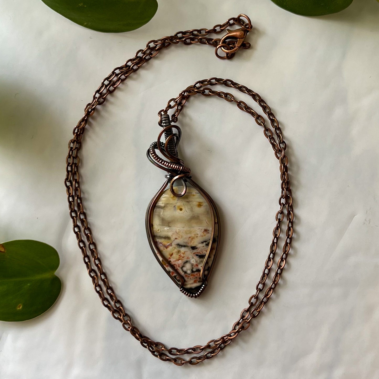 Ocean Jasper Antiqued Copper Wrapped Pendant With Chain