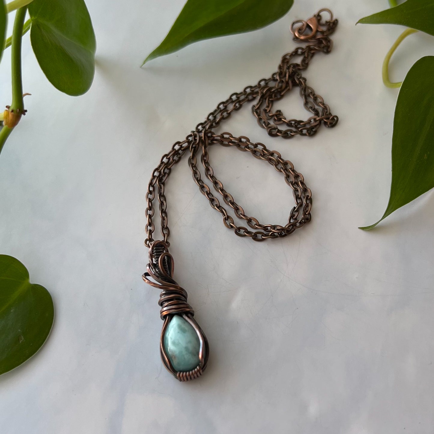 Tiny Larimar Teardrop & Antiqued Copper Wrapped Pendant