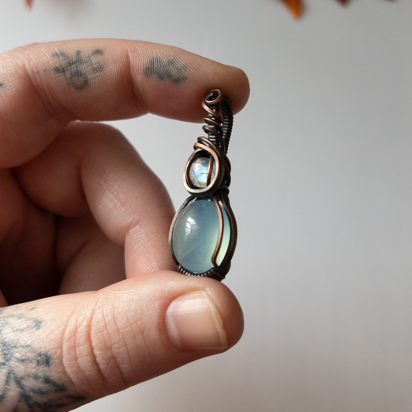 Aquamarine & Moonstone Antiqued Copper Pendant