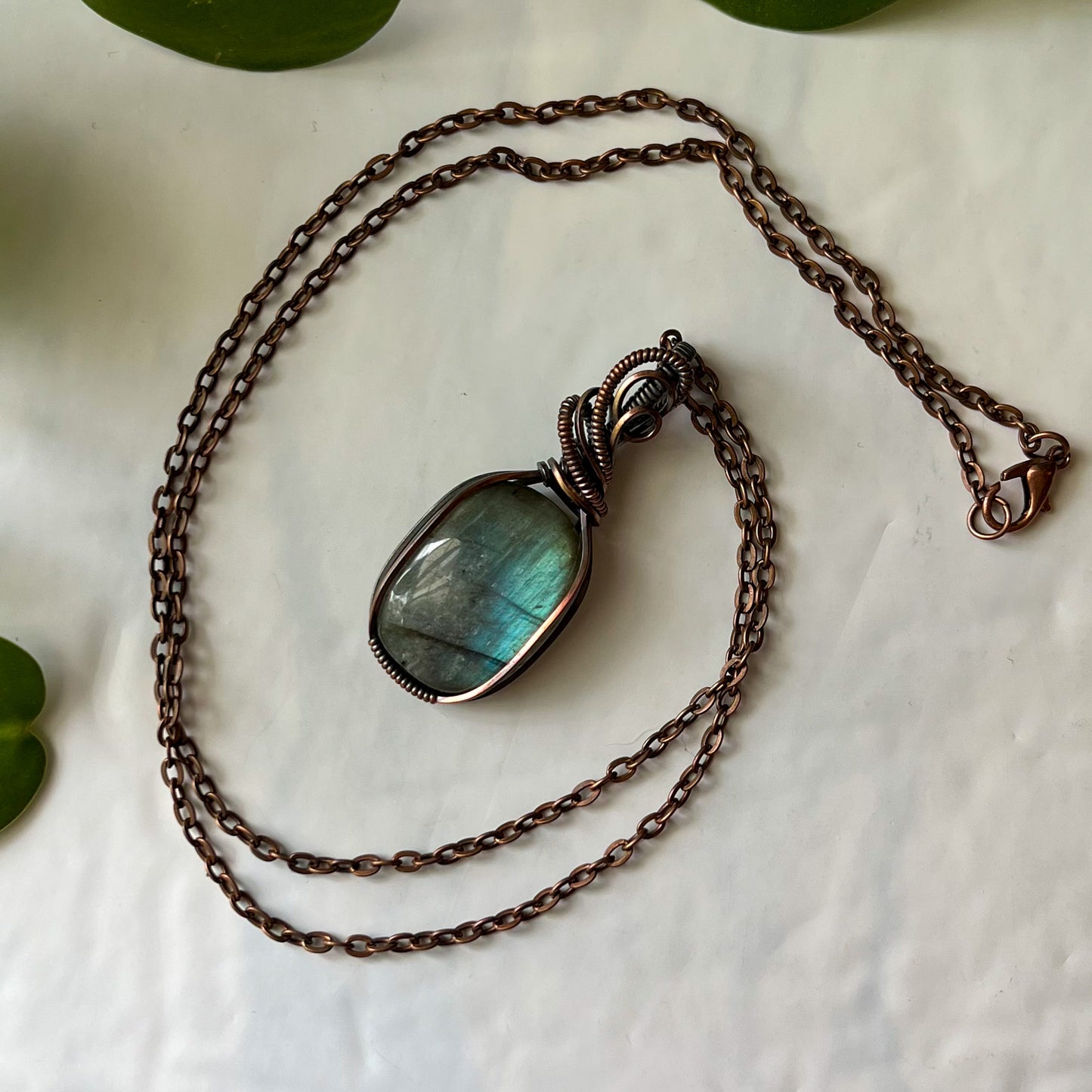 Labradorite Antiqued Copper Wrapped Pendant With Chain