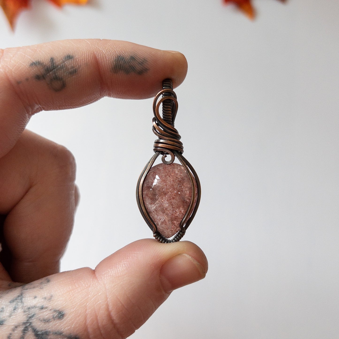 Strawberry Quartz Antiqued Copper Pendant