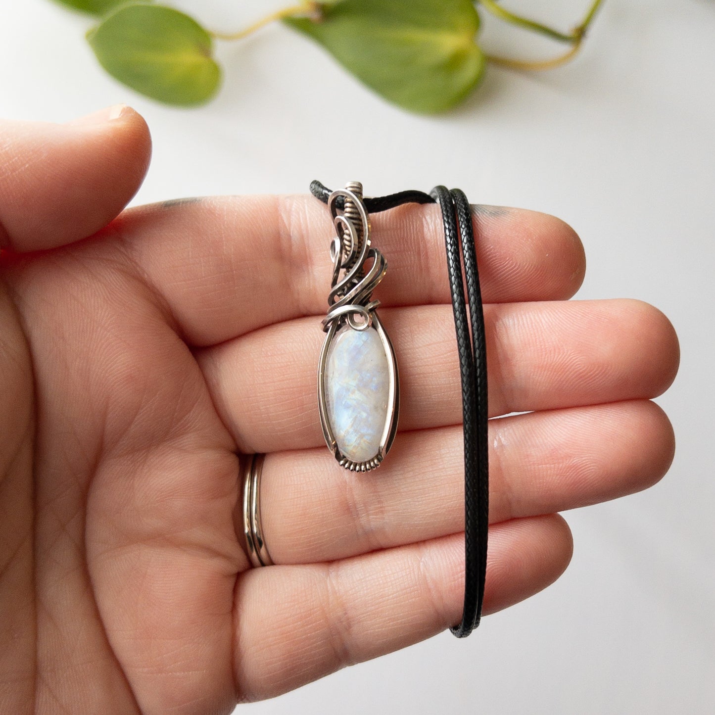 Rainbow Moonstone Sterling Silver Wrapped Pendant