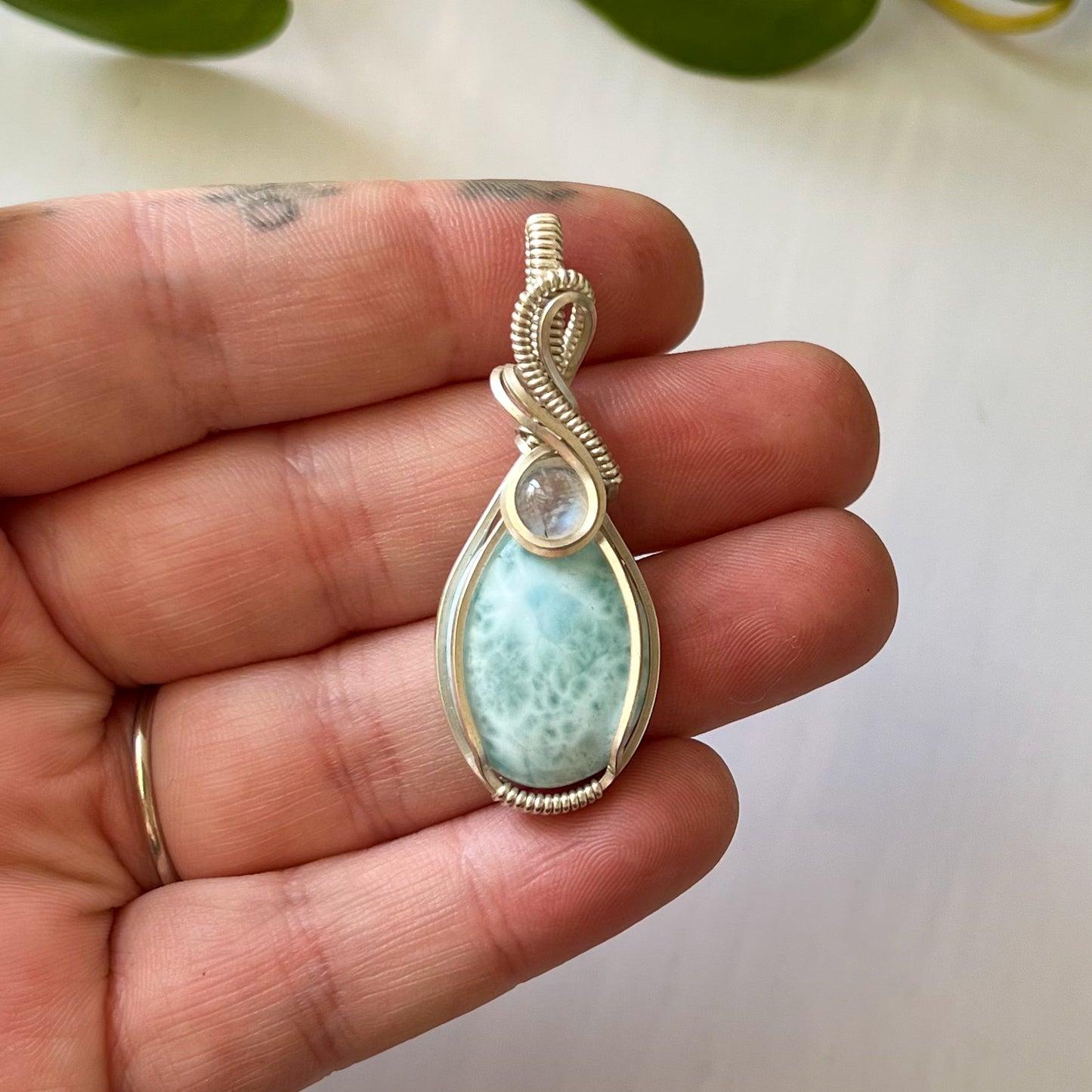 Larimar & Moonstone Sterling Silver Wrapped Pendant