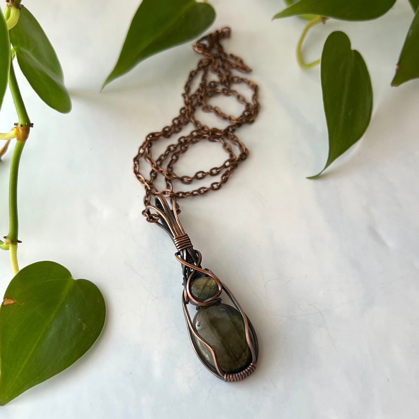Double Labradorite & Antiqued Copper Wrapped Pendant
