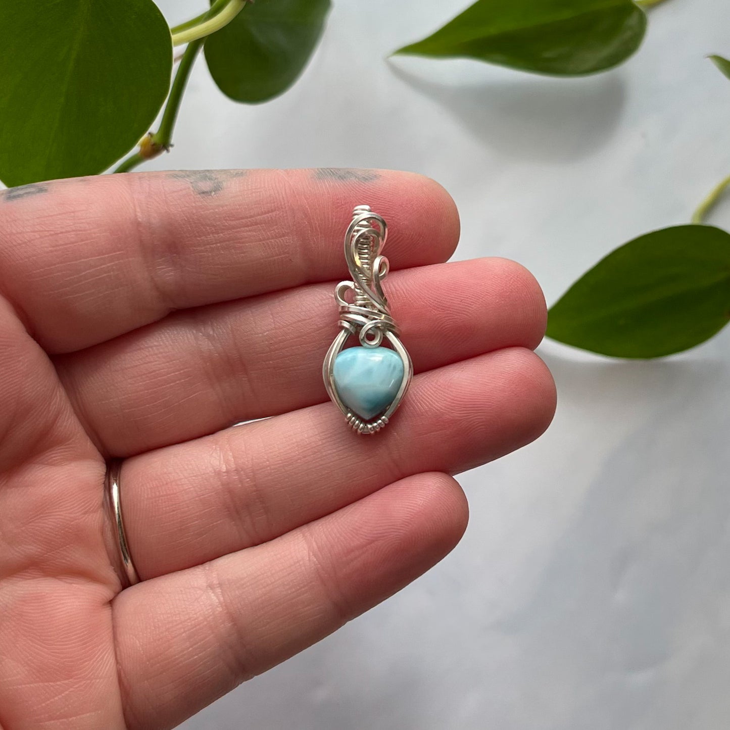 Dainty Larimar Heart & Sterling Silver Wrapped Pendant