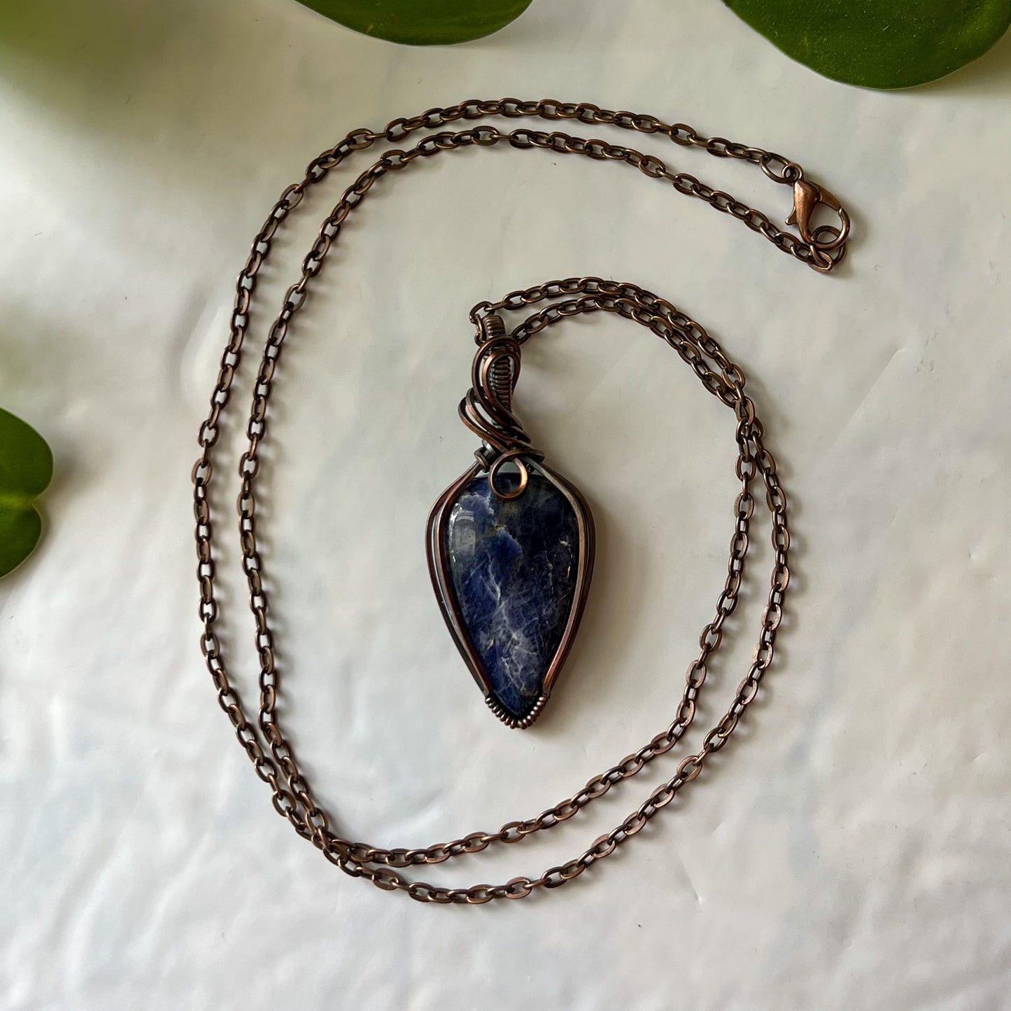 Sodalite Antiqued Copper Wrapped Pendant With Chain