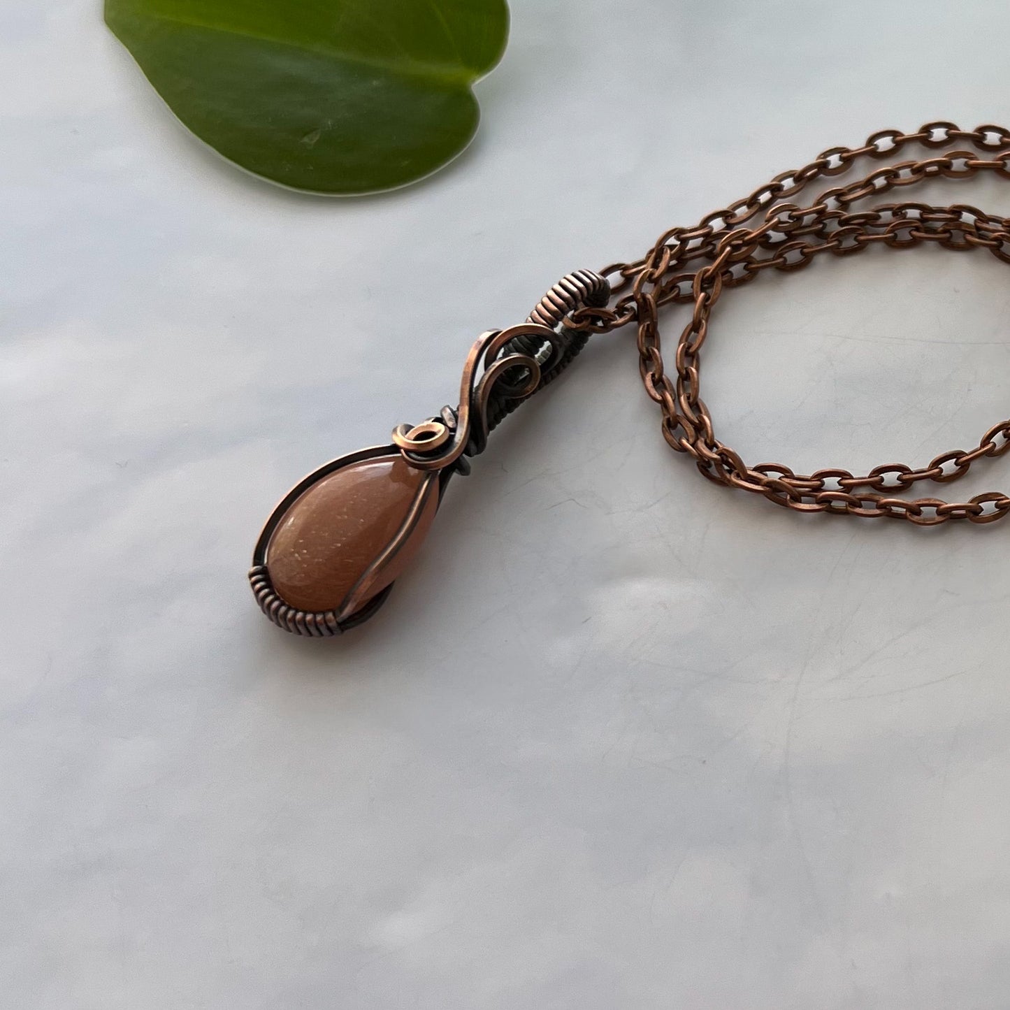 Dainty Sunstone & Antiqued Copper Wrapped Pendant