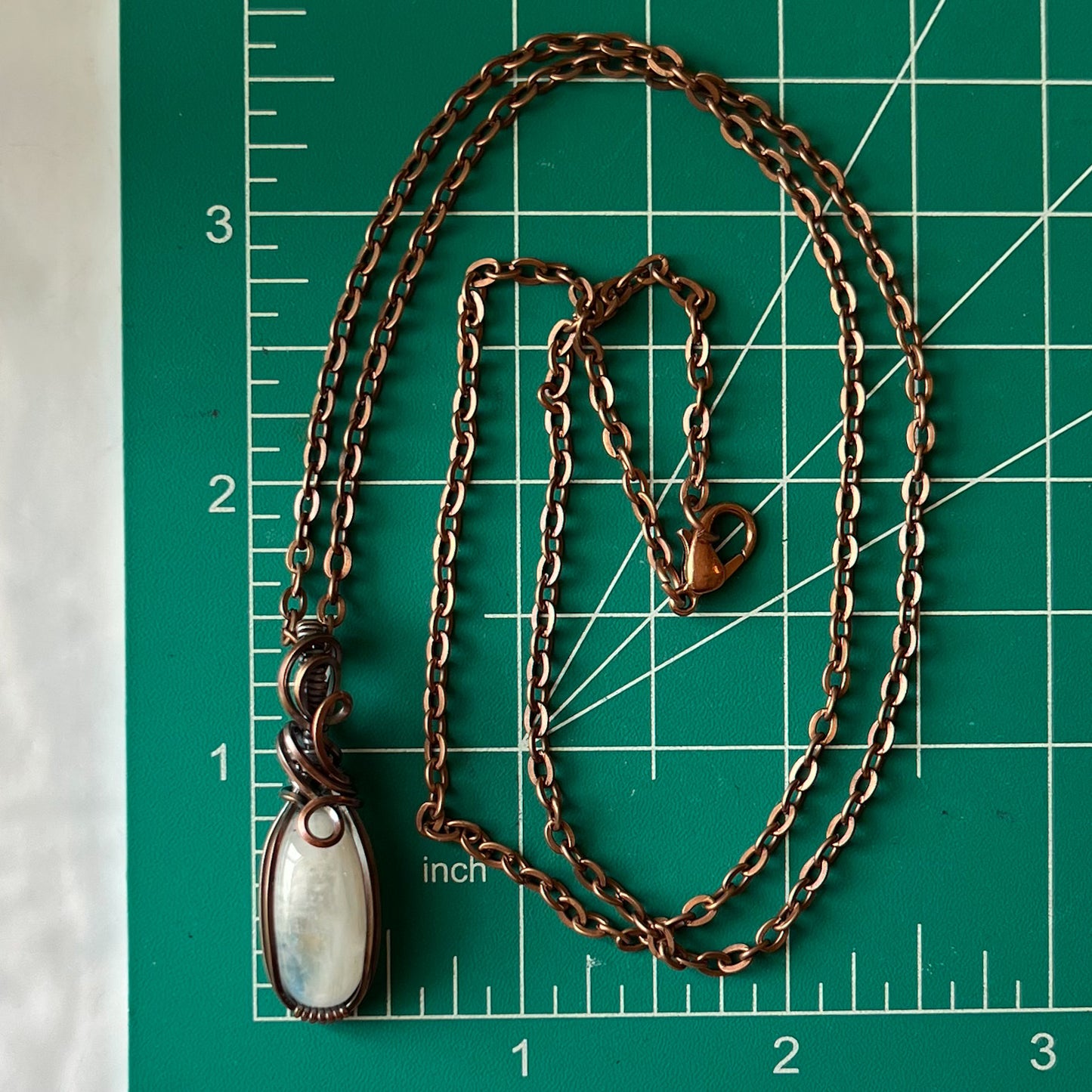 Dainty Moonstone Antiqued Copper Wrapped Pendant With Chain