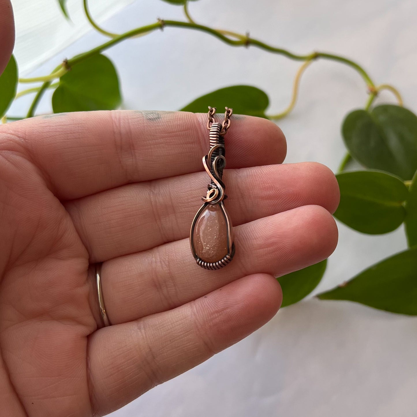 Dainty Sunstone & Antiqued Copper Wrapped Pendant
