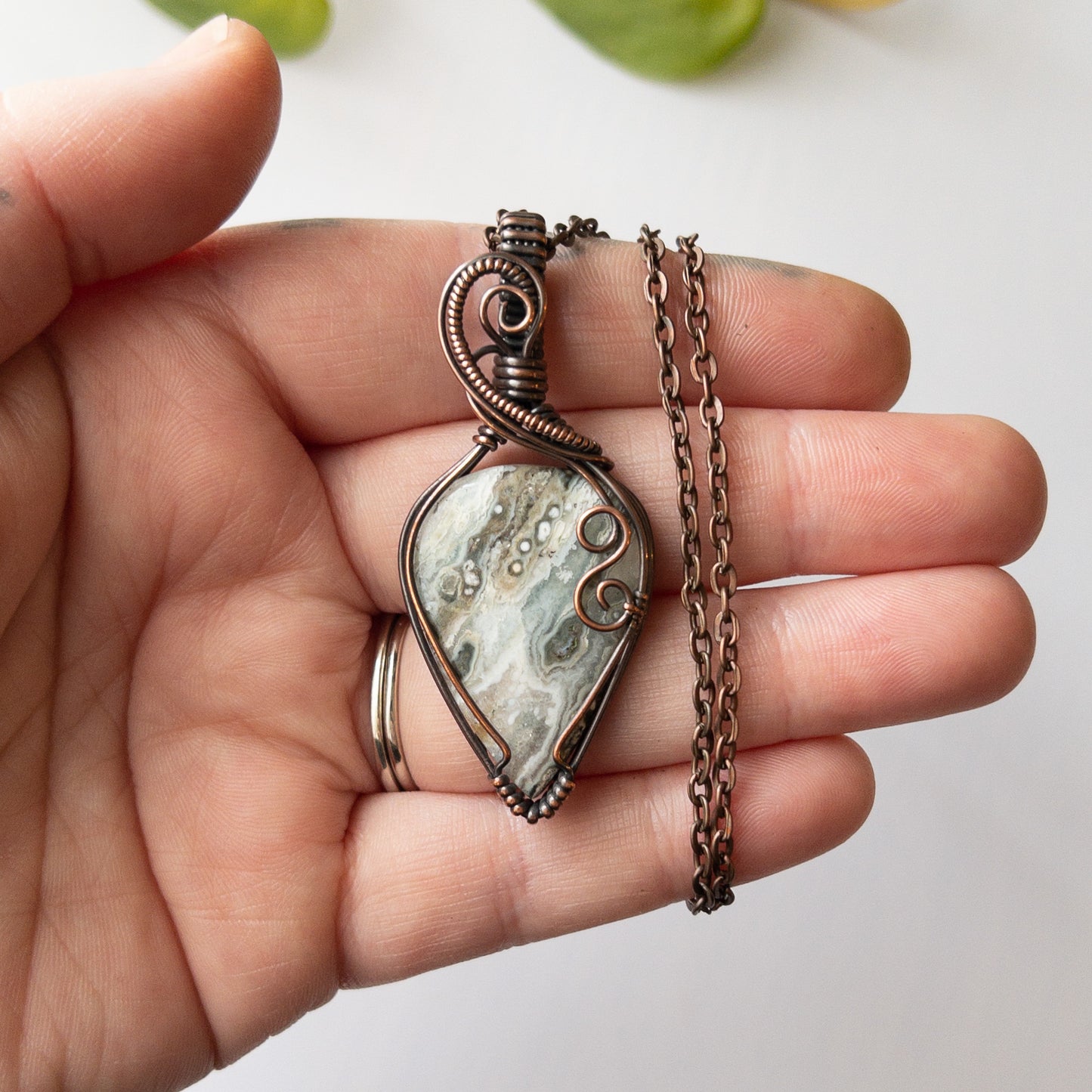 Ocean Jasper Inverted Teardrop Copper Wrapped Pendant