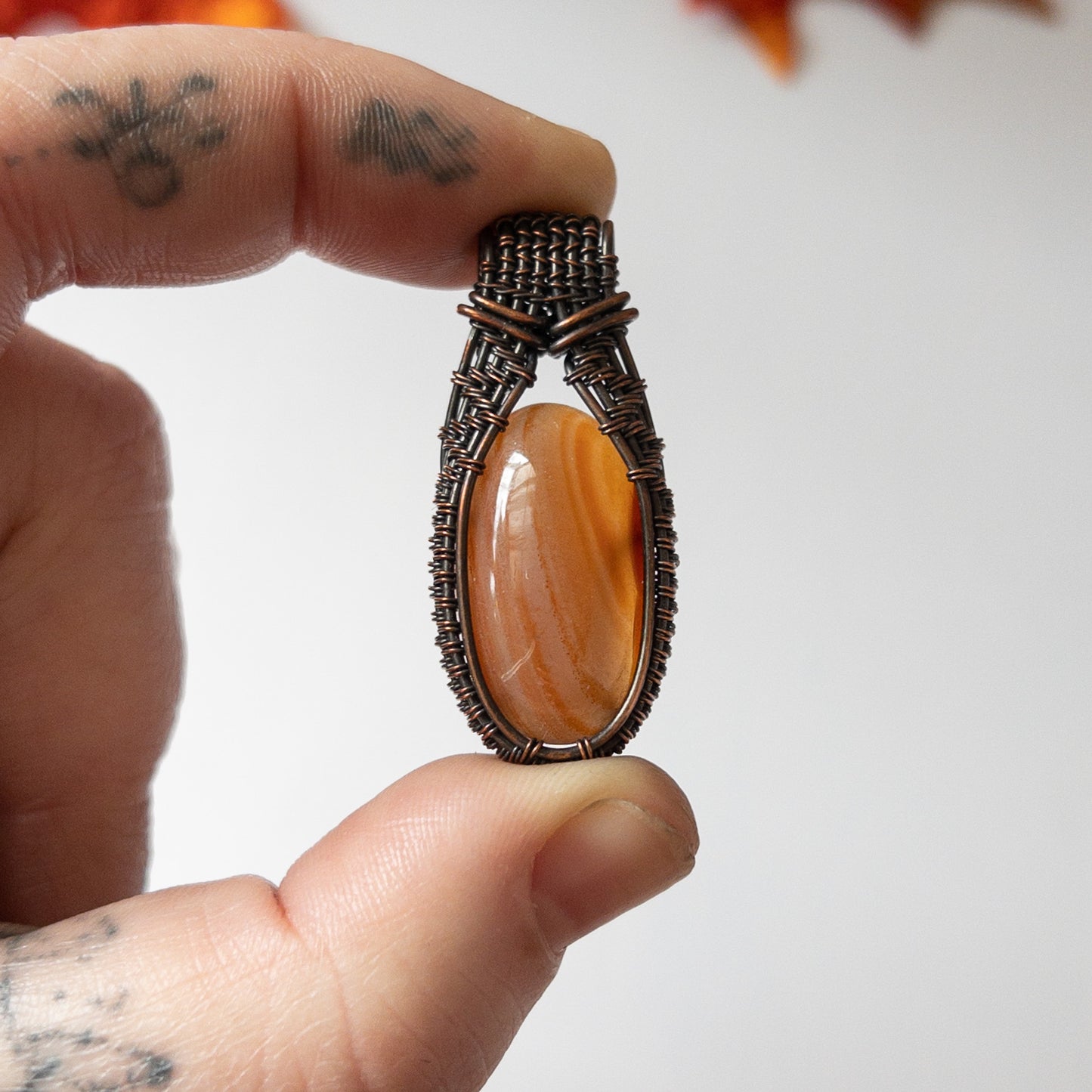 Carnelian Antiqued Copper Weave Pendant
