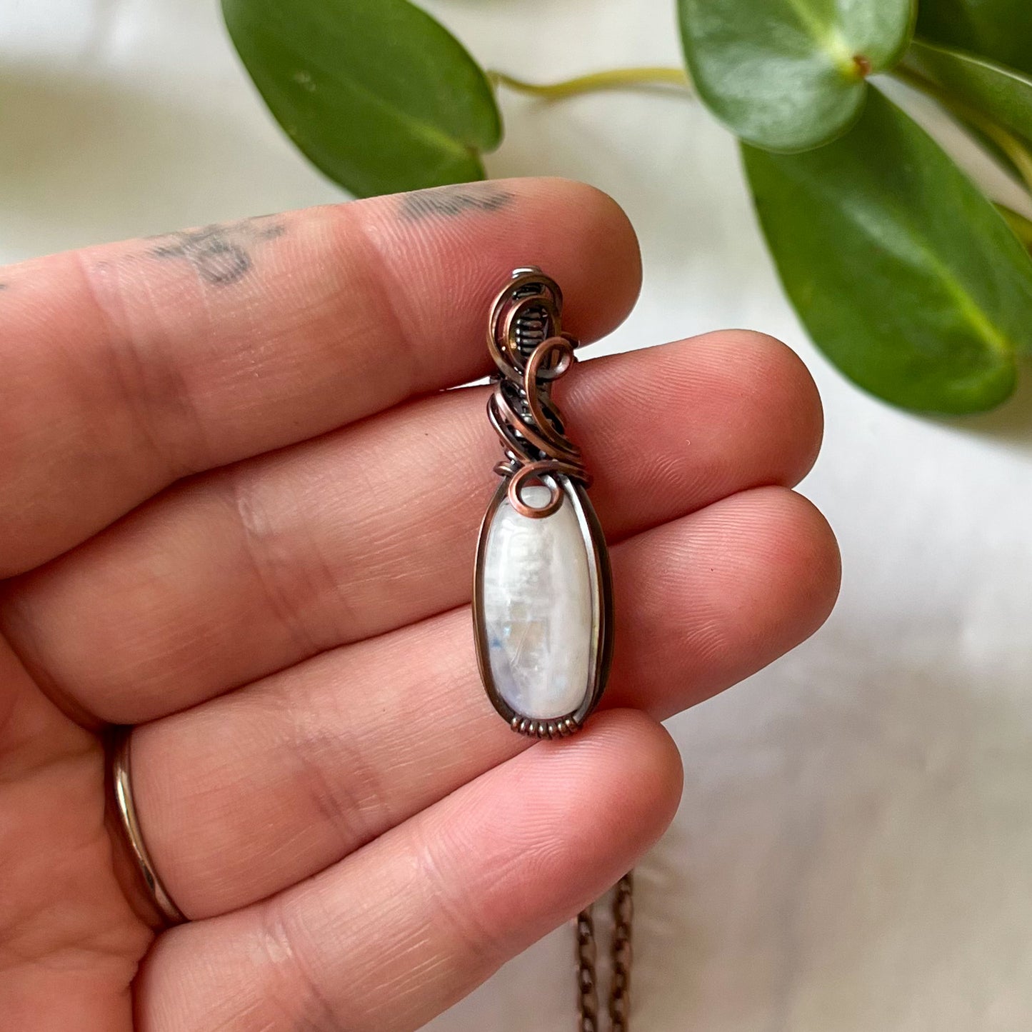 Dainty Moonstone Antiqued Copper Wrapped Pendant With Chain