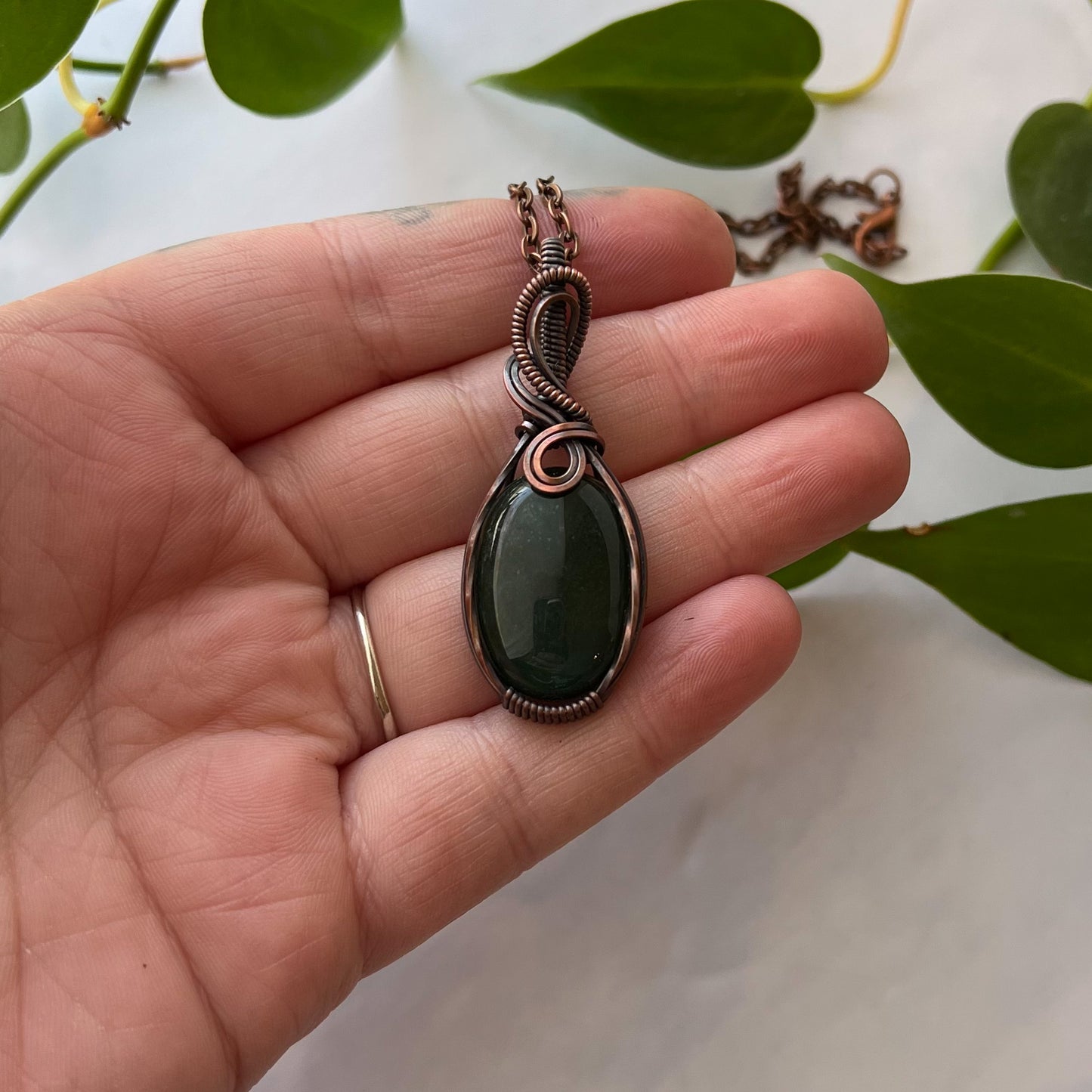 Green India Agate & Antiqued Copper Wrapped Pendant