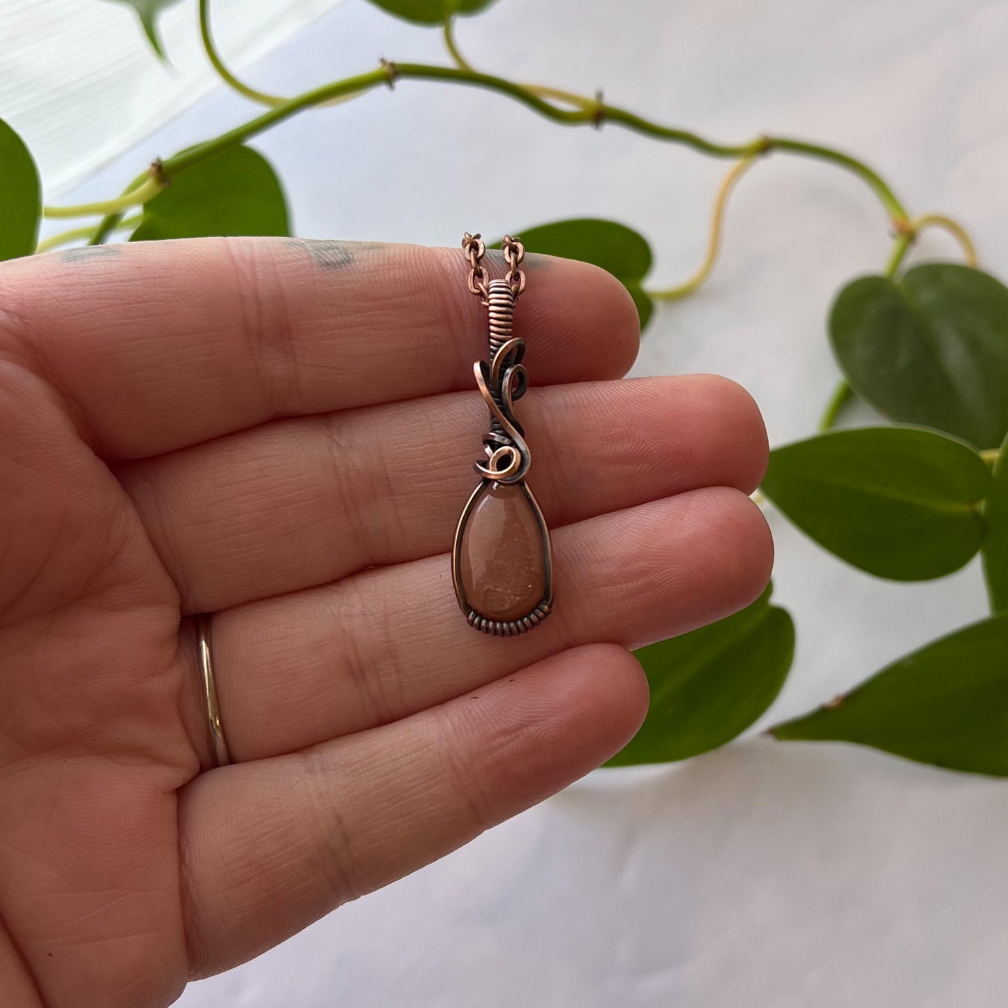 Dainty Sunstone & Antiqued Copper Wrapped Pendant