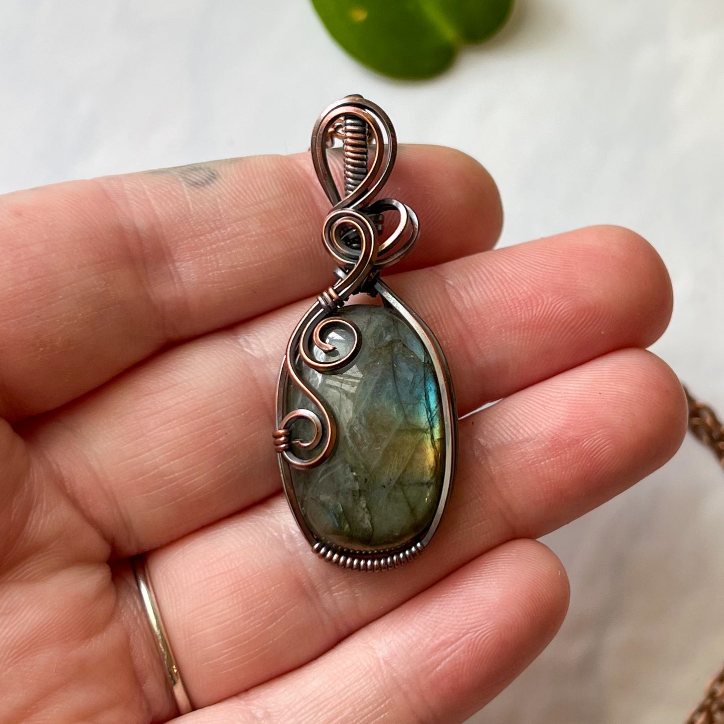 Labradorite Swirl Design Antiqued Copper Wrapped Pendant With Chain