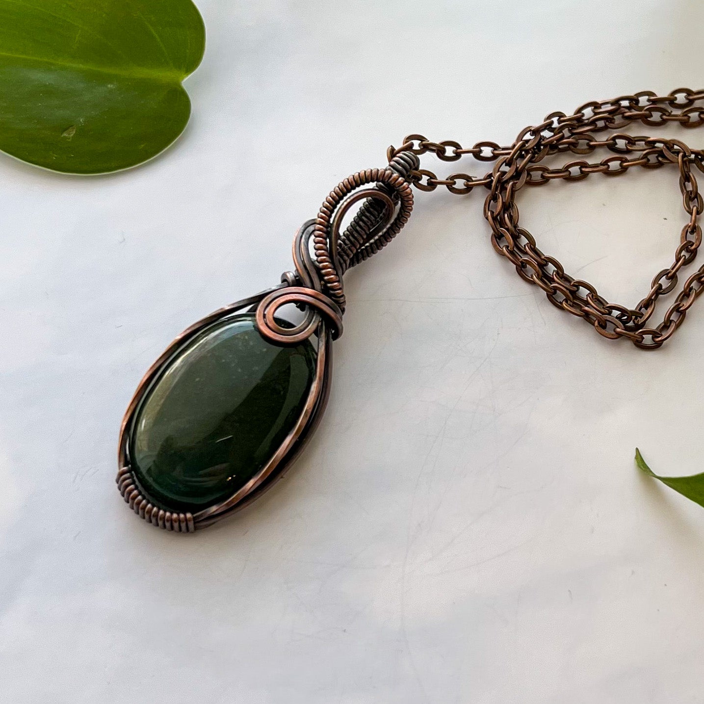 Green India Agate & Antiqued Copper Wrapped Pendant