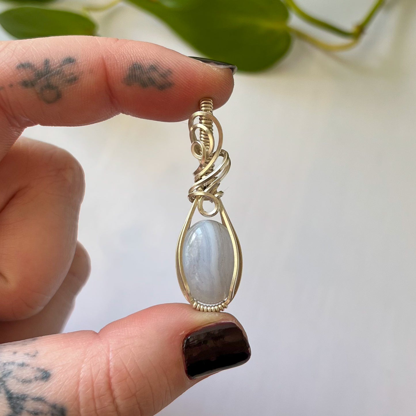 Blue Lace Agate Sterling Silver Wrapped Pendant