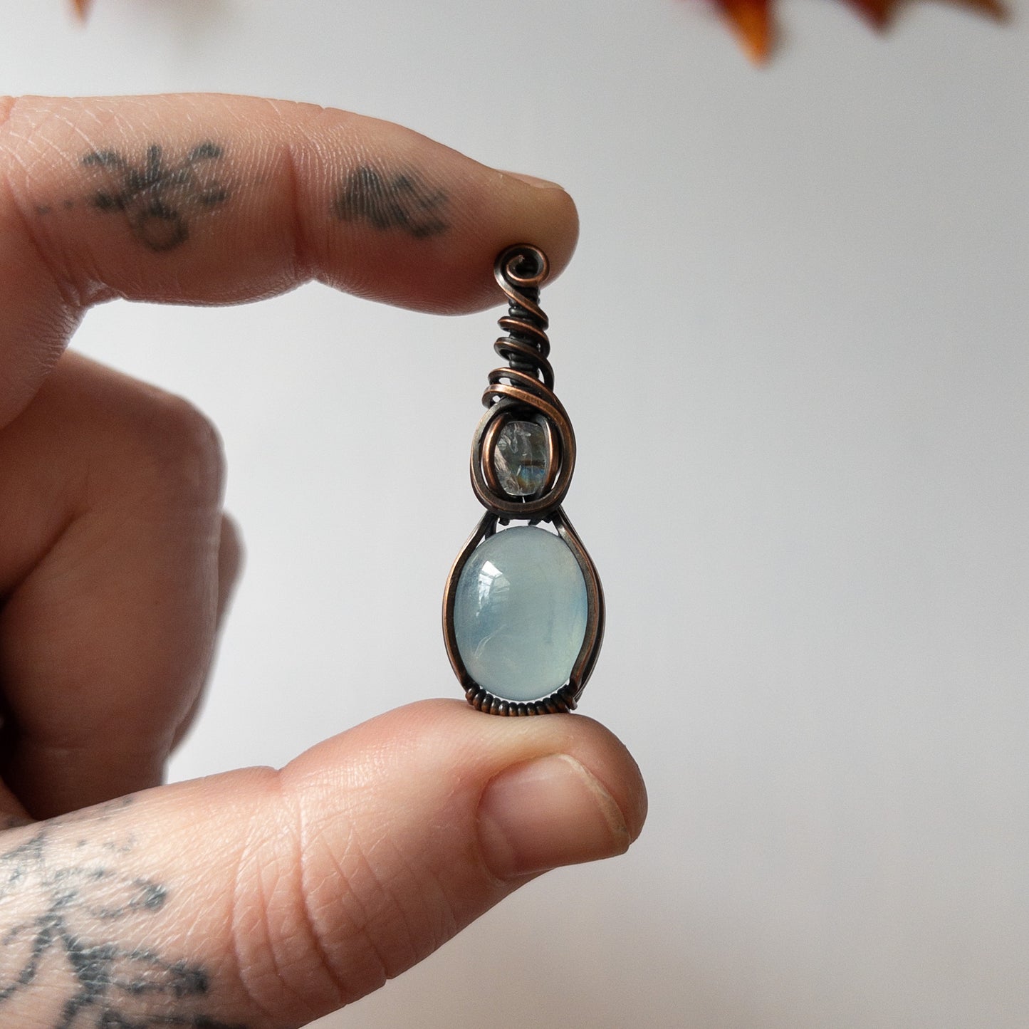 Aquamarine & Moonstone Antiqued Copper Pendant