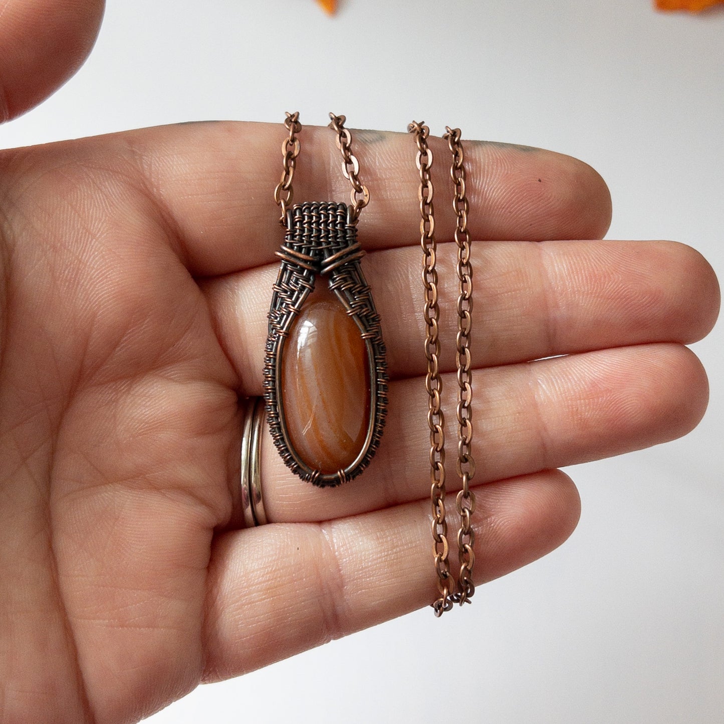 Carnelian Antiqued Copper Weave Pendant