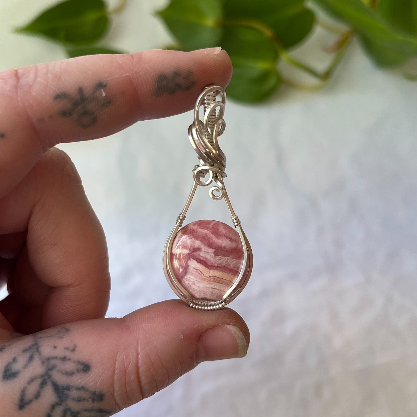 Rhodochrosite Wrapped Sterling Silver Pendant